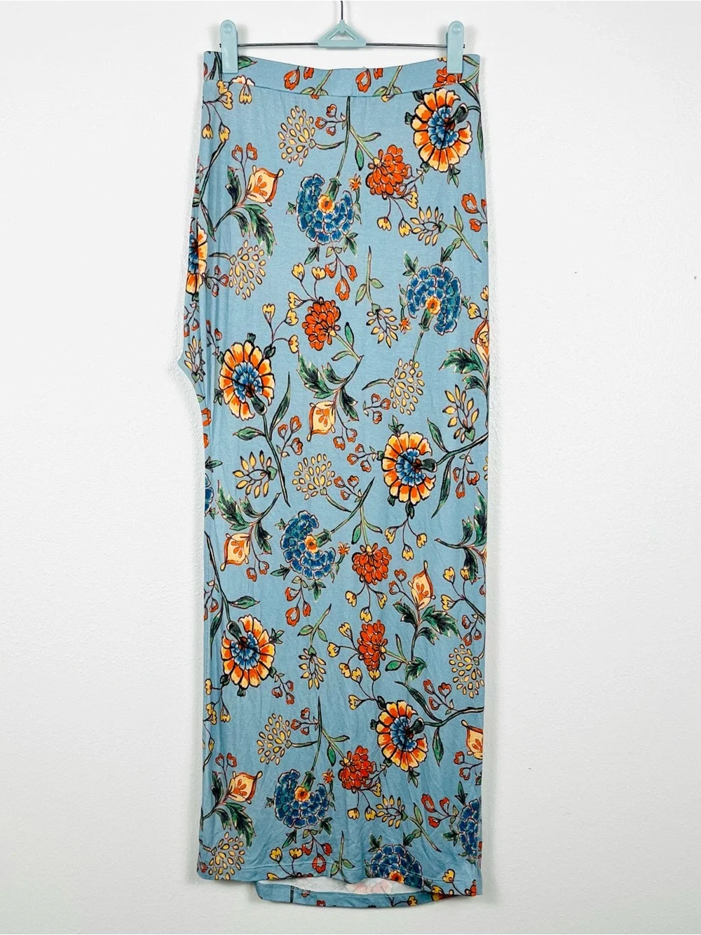 Free People Small Floral Print Stretch Jersey Side-Slit Maxi Skirt in Light Blue